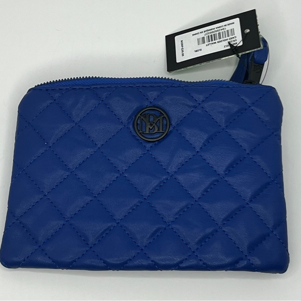 Badgley Mischka Blue Quilted Vegan Leather Card Holder Wallet Wristlet NEW